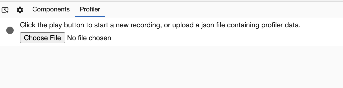A screenshot of the 'Profiler' tab which reads 'Click the play button to start a new recording, or upload a json file containing profiler data.' Next to this is a record button to begin recording a new profile as well as a file picker to select an existing profile.